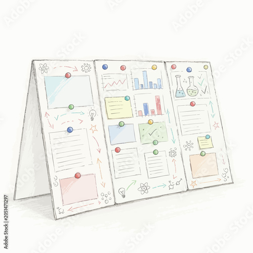 Three panel science fair project display board with hand drawn charts and scientific diagrams.