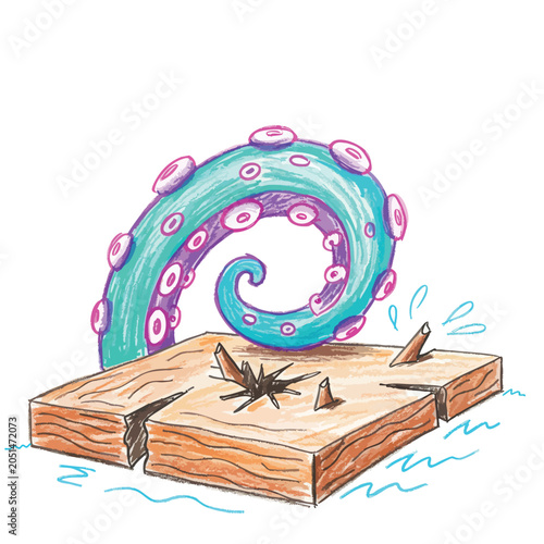 Cartoon octopus tentacle breaking through a wooden board.