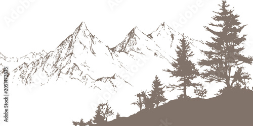 Hand drawn sketch of majestic mountain peaks and pine forest landscape in nature vector illustration.