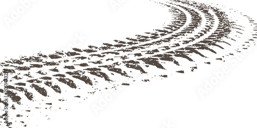 Valokuva Abstract brown winding tire tracks with grunge dirt texture on white background for off-road design vector illustration