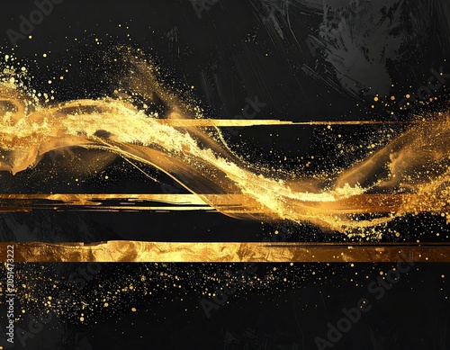 A dark background with a swirling gold design