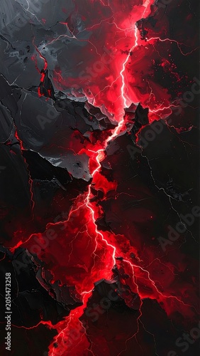 A dark background with a vibrant red lightning bolt striking down