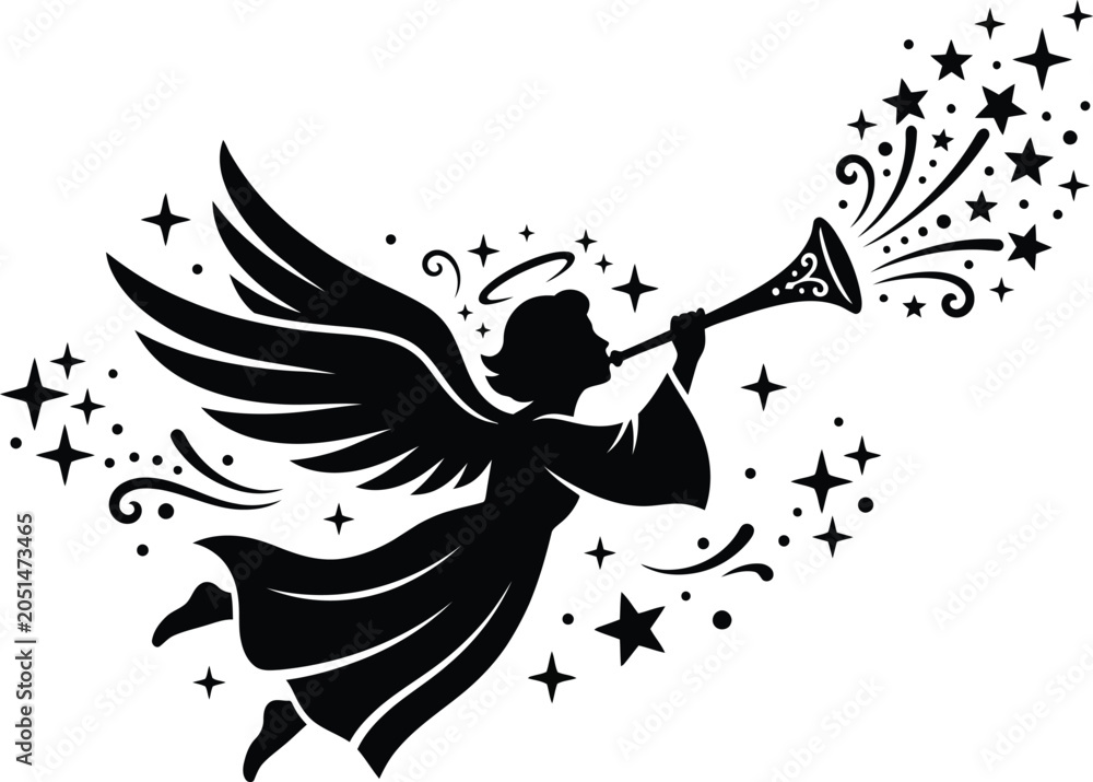 Fototapeta premium Silhouette of an angel blowing a trumpet, creating a magical trail of stars and swirls, festive holiday design element for christmas and religious themes