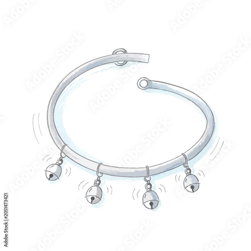 Hand drawn illustration of a silver bangle bracelet with dangling jingle bells.
