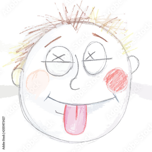 Hand drawn doodle of a silly cartoon face with x eyes.