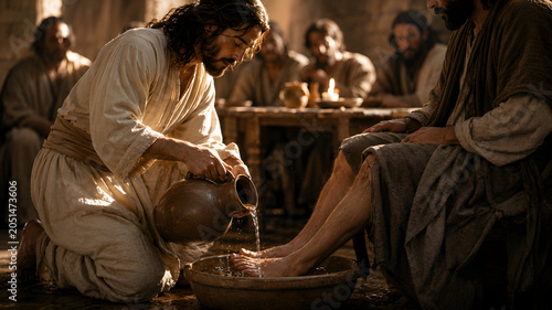 A cinematic depiction of Jesus Christ kneeling to wash the feet of a disciple, symbolizing humility and service, set in a rustic, dimly lit room.