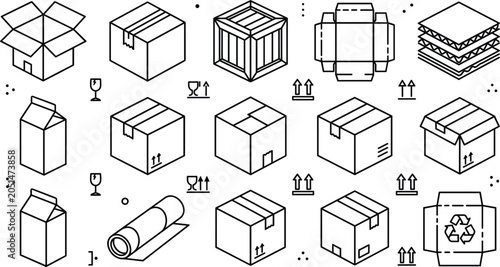 Foto Cardboard box packaging and delivery isometric line art vector icon set with shi