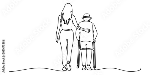 Young woman helping an elderly man with a walker in a continuous single line drawing style representing care support love and kindness for senior citizens