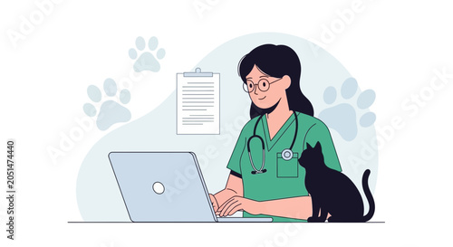 Veterinarian using laptop with cat and paw prints, modern flat illustration for animal care and veterinary services