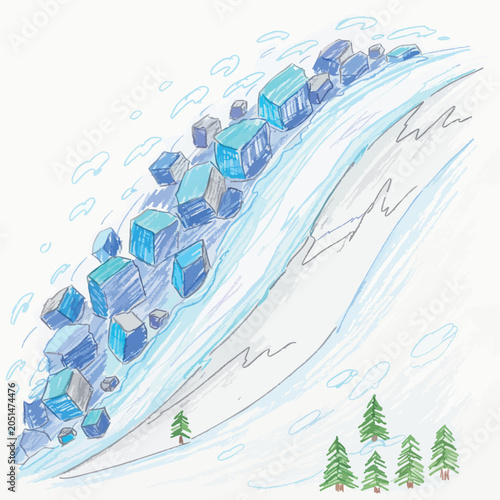 A digital illustration of a powerful avalanche rushing down a snowy mountainside.
