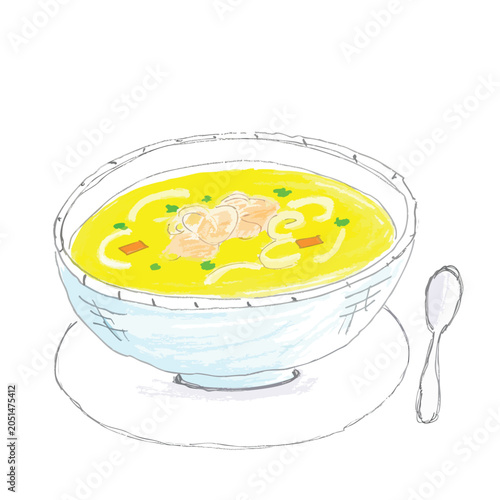 Hand drawn illustration of a bowl of noodle soup with a spoon.