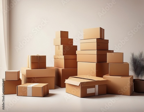 variety of brown cardboard boxes and parcels on white background generative ai