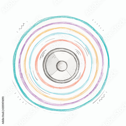 Hand drawn doodle illustration of a speaker emitting sound waves.