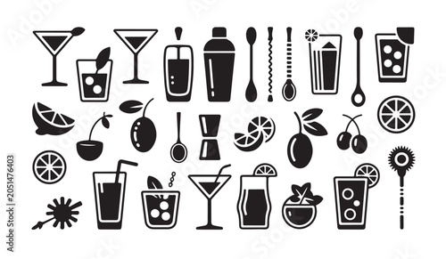 Bilde på lerret Professional mixology tools and garnish icons including shakers spoons and citrus slices
