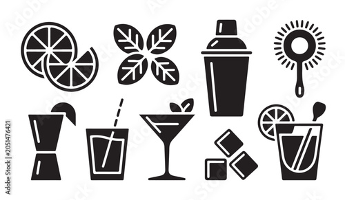 Bild auf Leinwand Essential barware equipment and garnish components for cocktail preparation vector design