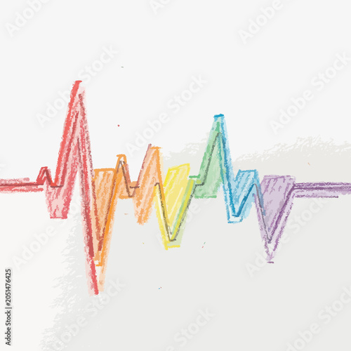 Hand drawn colorful rainbow heartbeat audio frequency wave line.
