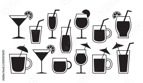 Obraz na płótnie Tropical cocktail icons collection featuring umbrellas straws and citrus garnishes vector