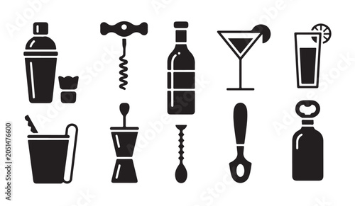 Bild auf Leinwand Bar tools icons set for making cocktails like shaker bottle opener and corkscrew