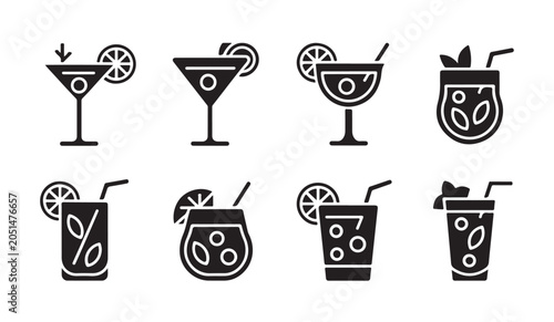 Bild auf Leinwand Set of cocktail icons featuring assorted glassware and fruit garnishes in flat vector style