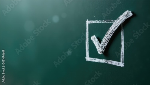 A blackboard with a check mark drawn on it, ideal for education and office settings