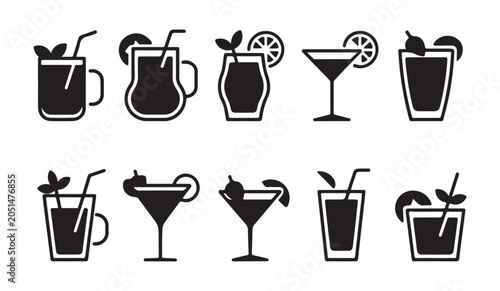 Bild auf Leinwand Tropical cocktail glass icons with garnishes mint leaves citrus slices and drinking straws