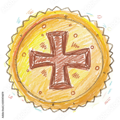 Hand drawn illustration of a golden medal with a dark red cross symbol.
