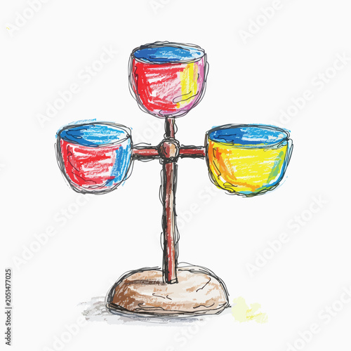 Hand drawn illustration of a three bowl stand with colorful cups.