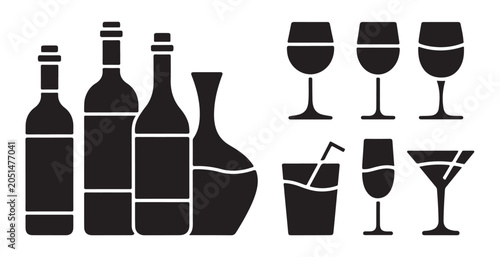 Photos Set of wine bottles and assorted drinking glasses isolated on white background flat icon