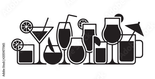 Tableau sur toile Collection of various cocktail glasses with garnishes and straws in flat graphic vector