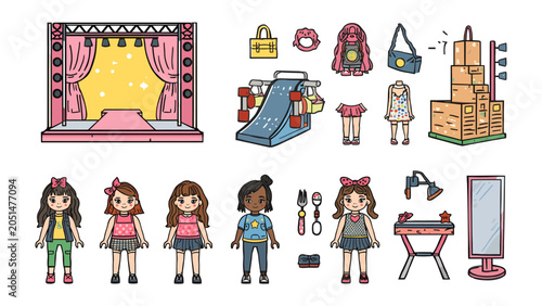 Cuadro en lienzo Fashion Show Play Set: An illustration depicts a fashion show runway, diverse child mannequins, wardrobe accessories, a dressing area, and presentation stages, offering a fun