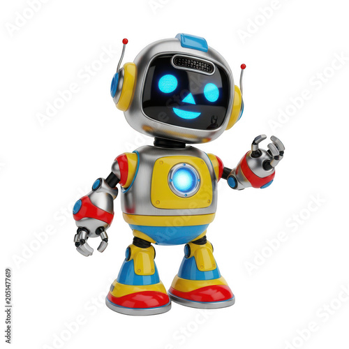 Colorful cartoon robot holding a game controller