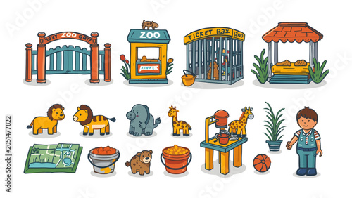Photography Zoo Elements Collection: A delightful cartoon collection showcasing various zoo elements, including animals like lions and elephants, ticket booths, enclosures, food stalls, a park map