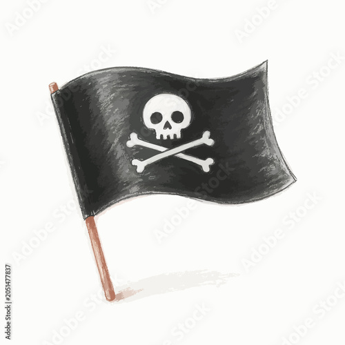 A hand drawn pencil sketch of a black pirate flag with a skull and crossbones.