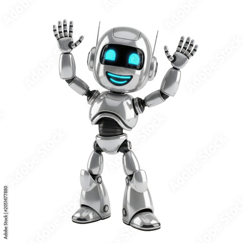 Cheerful robot with arms raised isolated on white background