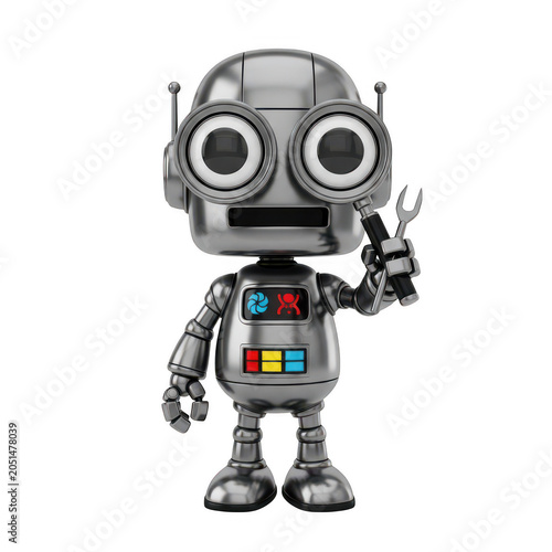 Cartoon robot character with big eyes standing