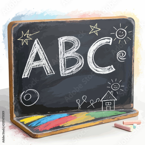Blackboard with chalk drawings of ABC letters and a house.