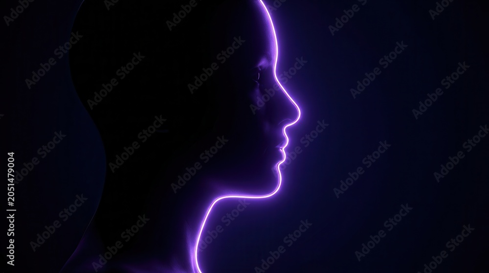 Fototapeta premium Female silhouette profile with neon illumination on a dark background representing identity.