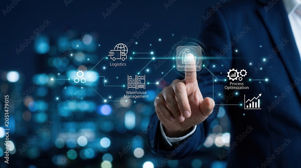 Obraz premium A professional interacting with virtual icons for production planning and control.