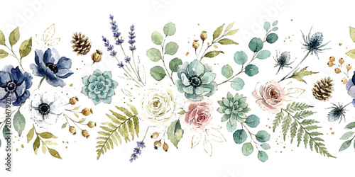 Foto Watercolor floral border with hand drawn anemone flowers and green leaves isolat
