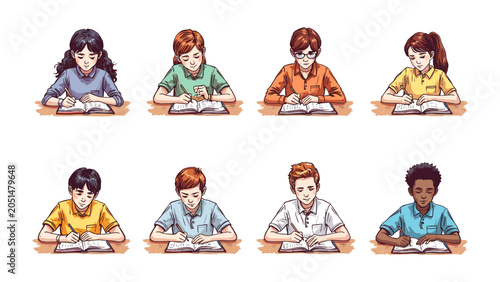 Foto Diverse Students Focused on Learning: A collection of diverse students, depicted in an illustrative style, are engrossed in their studies, diligently reading and writing at their desks