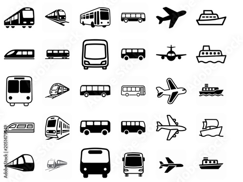 電車、バス、飛行機等公共交通機関のアイコン集