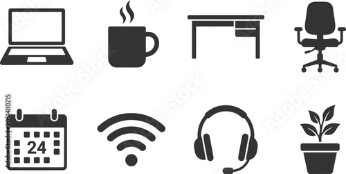 Foto Office workspace and productivity icons featuring laptop coffee desk chair calen