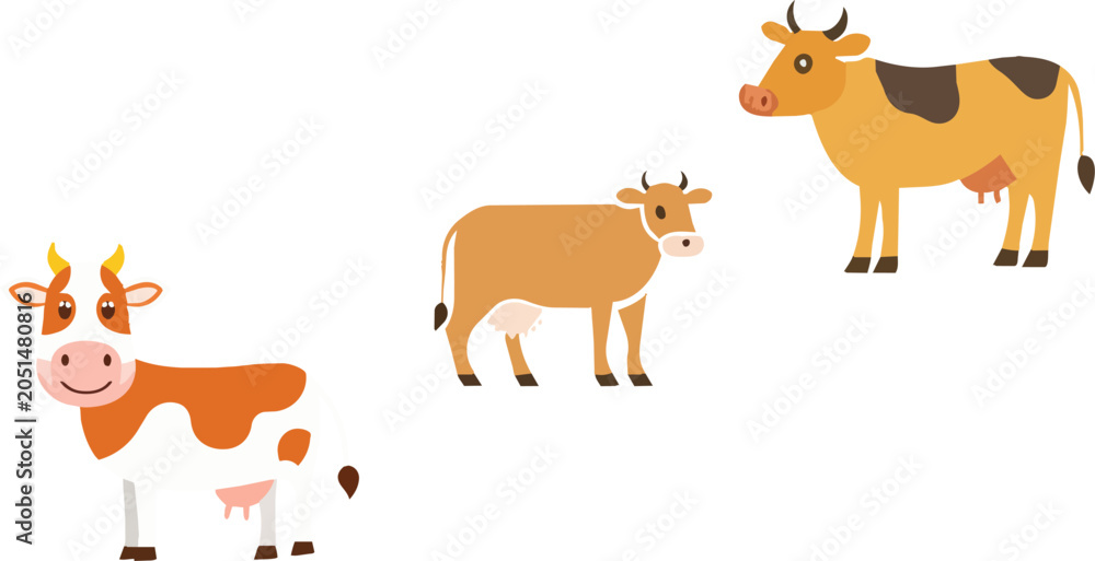 Fototapeta premium Farm animals Three cartoon cows in different poses and colors, representing livestock and dairy farming