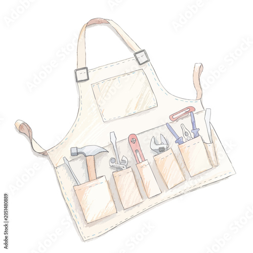 A hand drawn canvas work apron with various tools in pockets.