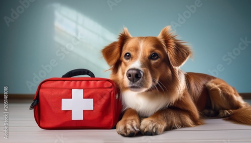 dog lying with first aid kit pet emergency preparedness and veterinary safety concept