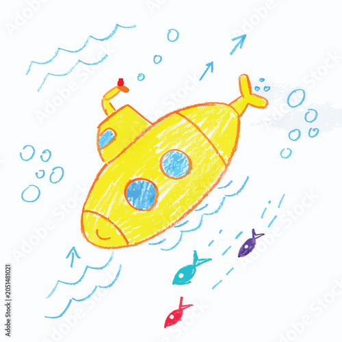 Child drawing of a yellow submarine under the sea.