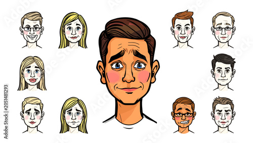 Valokuva Ambiguous Emotions: A central portrait of a young man displays a complex mix of emotions, surrounded by smaller illustrated faces showcasing a spectrum of human feelings