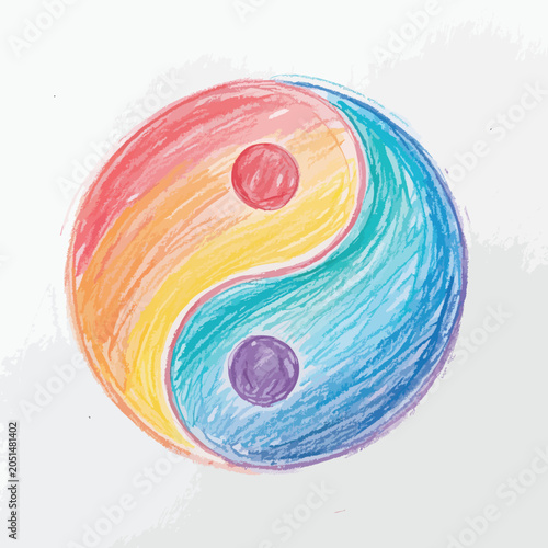Hand drawn colorful yin yang symbol on white background.