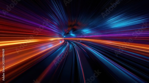Abstract light trails moving fast on a dark background