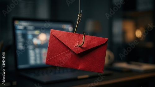 A red envelope impaled on a metal fishhook illustrating a phishing scam concept.